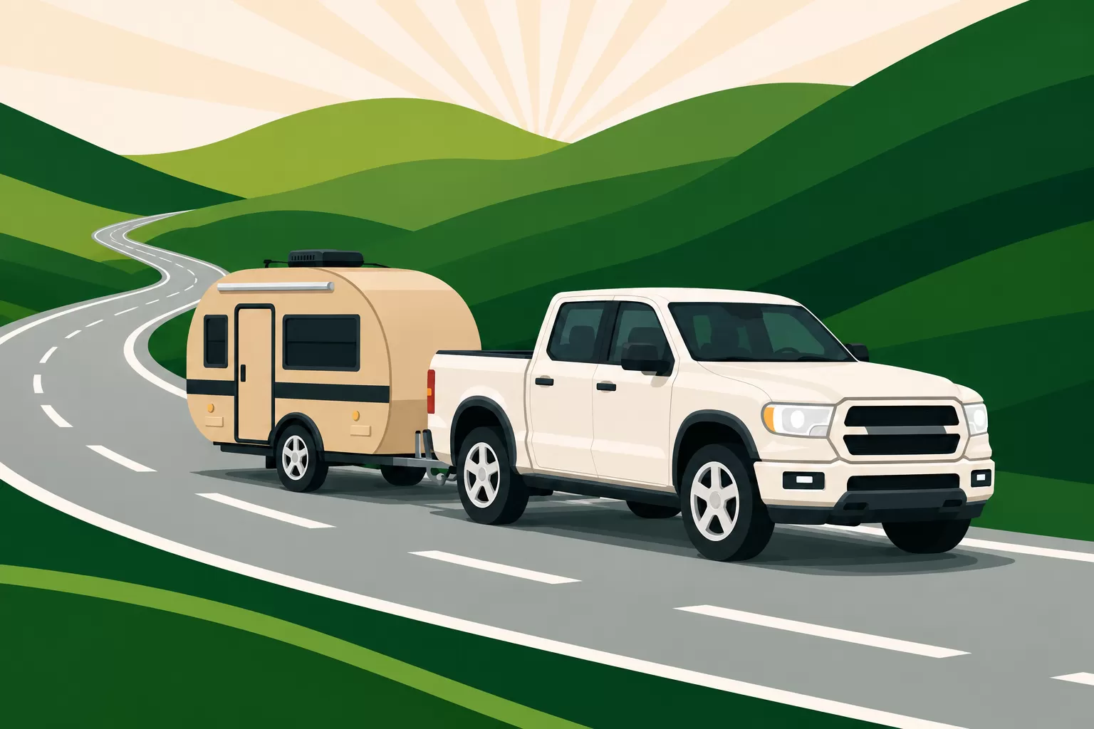 Illustration of a cream pickup towing a camping trailer through rolling green hills.