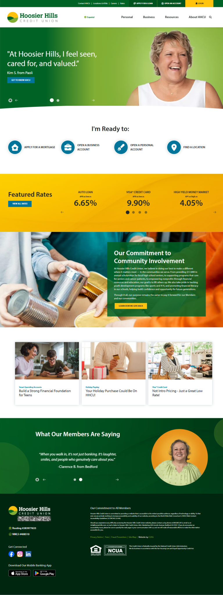 New HHCU Home Page with promotions, quick actions, featured rates, and community features