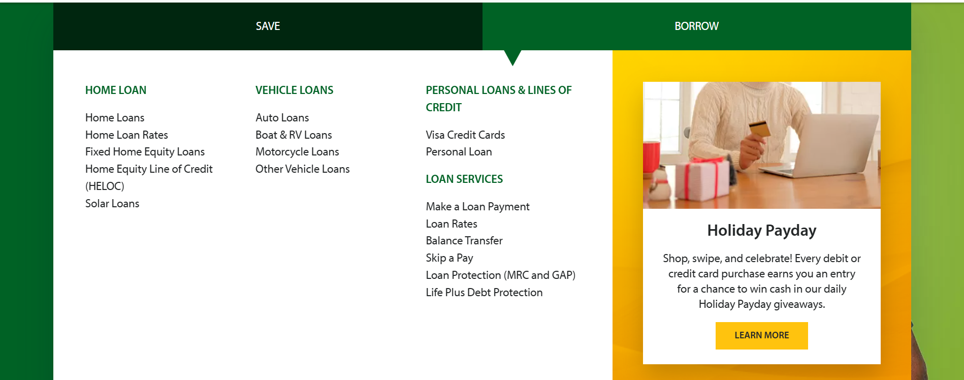 Personal › Borrow menu with loan options and services