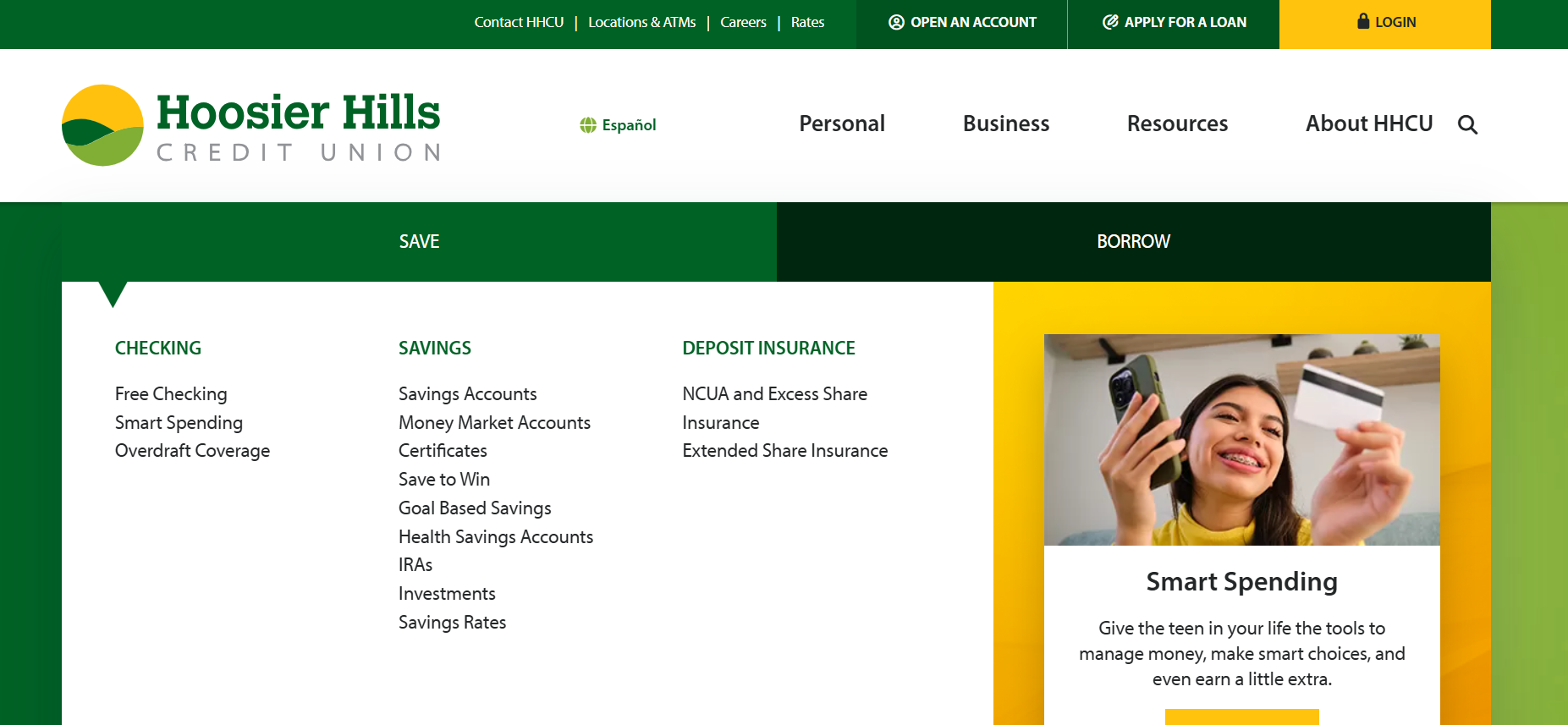 Personal › Save menu with Checking, Savings, and Deposit Insurance